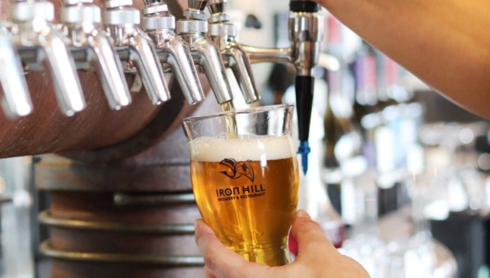A bartender at an Iron Hill Brewery fills a glass with beer.