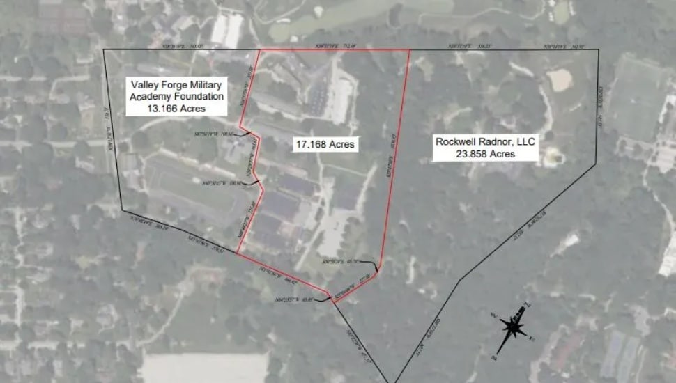 A map shows the proximity of Valley Forge Military Academy Foundation land with Rockwell Development, including the 17 acres currently under discussion.