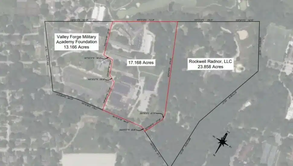 A map shows the proximity of Valley Forge Military Academy Foundation land with Rockwell Development, including the 17 acres currently under discussion.