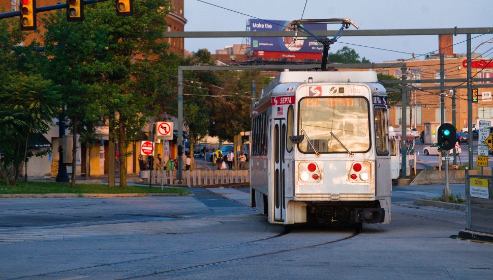 A SEPTA trolley on the Media /Sharon Hill line pulling into 69th street terminal