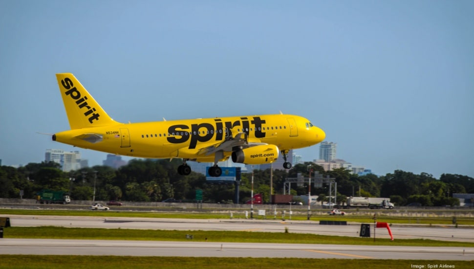 A Spirit Airlines plane takes off.