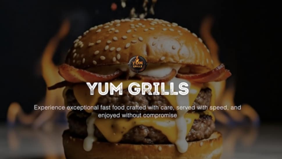 A Smash Burger with the words Yum Grills superimposed.