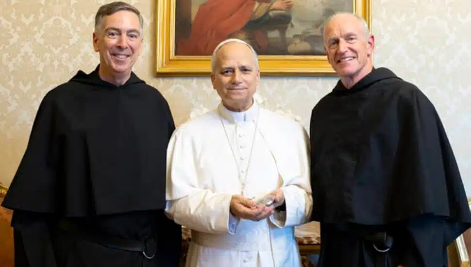 Augustine Fathers Joseph Lawrence Farrell, left, and Robert Hagan pose with Pope Leo XIV at the Vatican July 18, 2025.