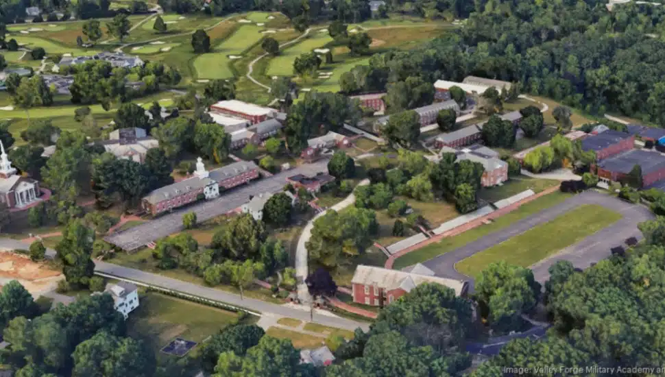An aerial view of the Valley Forge Military Academy and Military College campus.