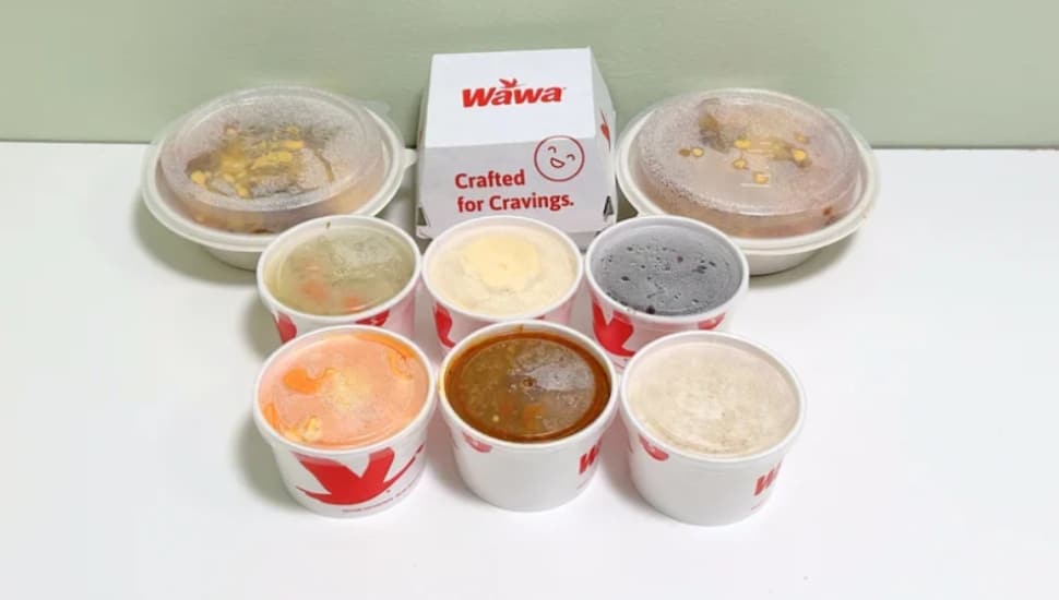 Nine Wawa side dishes in their containers, resting on a table.