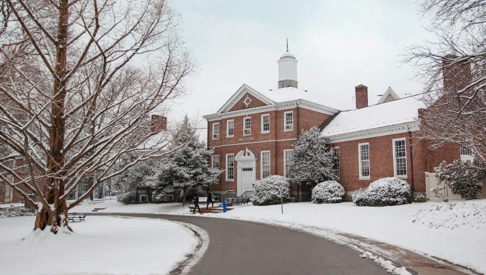 Muller Hall at the Widener University campus with snow on the ground.