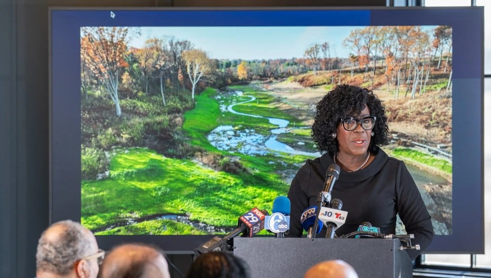 Philadelphia Mayor Cherelle Parker joined city officials and members of the Cobbs Creek Foundation to announce a $9.1 million investment in restoring three miles of Cobbs Creek and the public Cobbs Creek Golf Course.