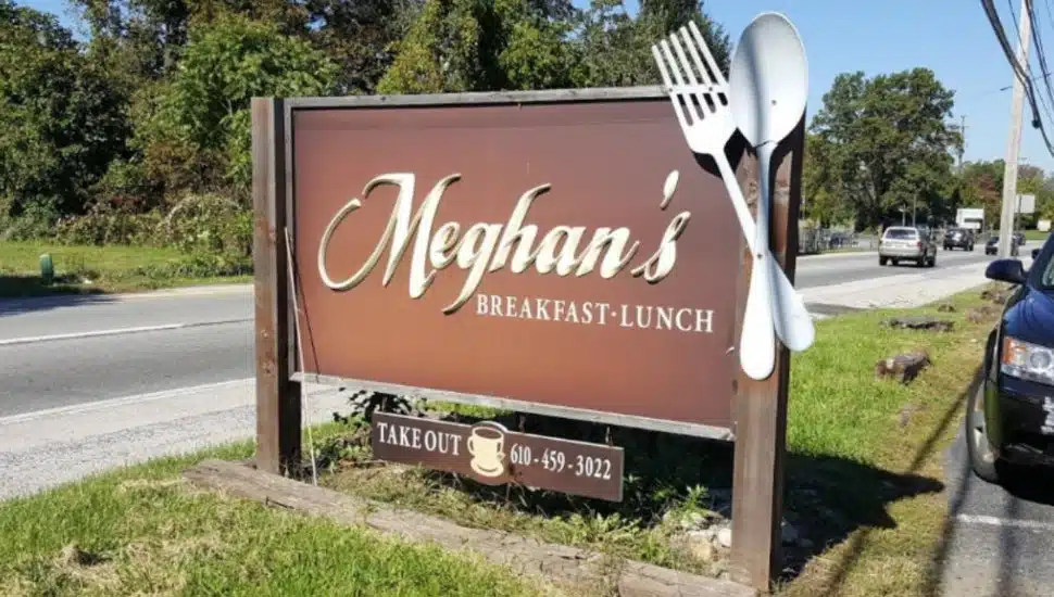 The sign for Meghan's Restaurant in Glen Mills.