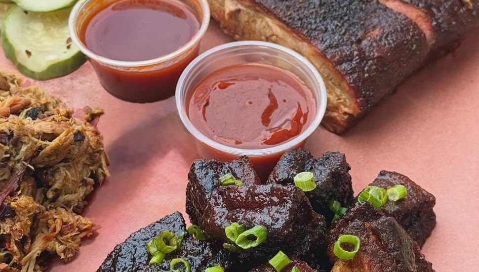 Ribs, brisket, sauces, and pickles.