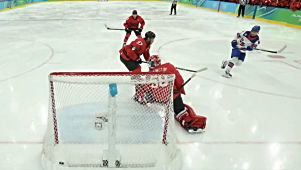 The winning goal taken by U.S. Hockey Team player Jack Hughes.