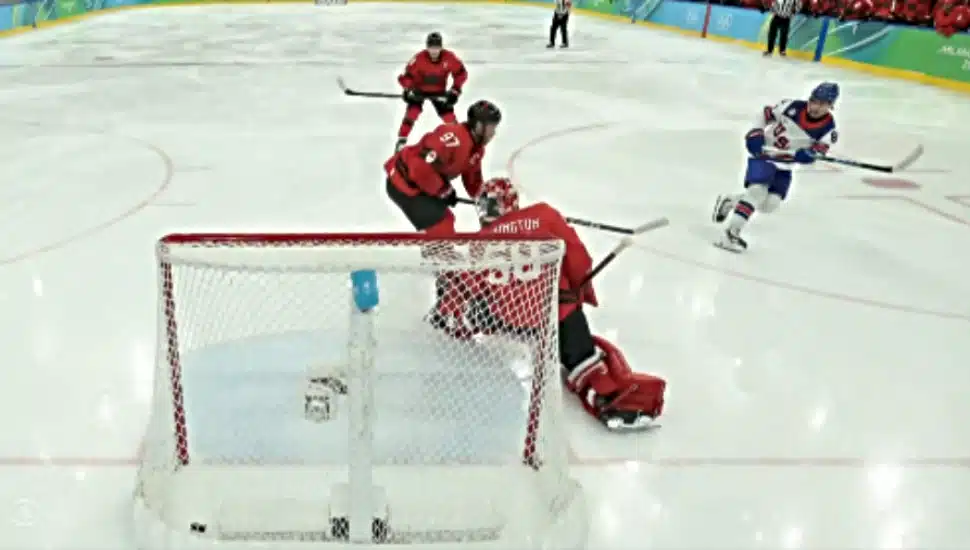 The winning goal taken by U.S. Hockey Team player Jack Hughes.