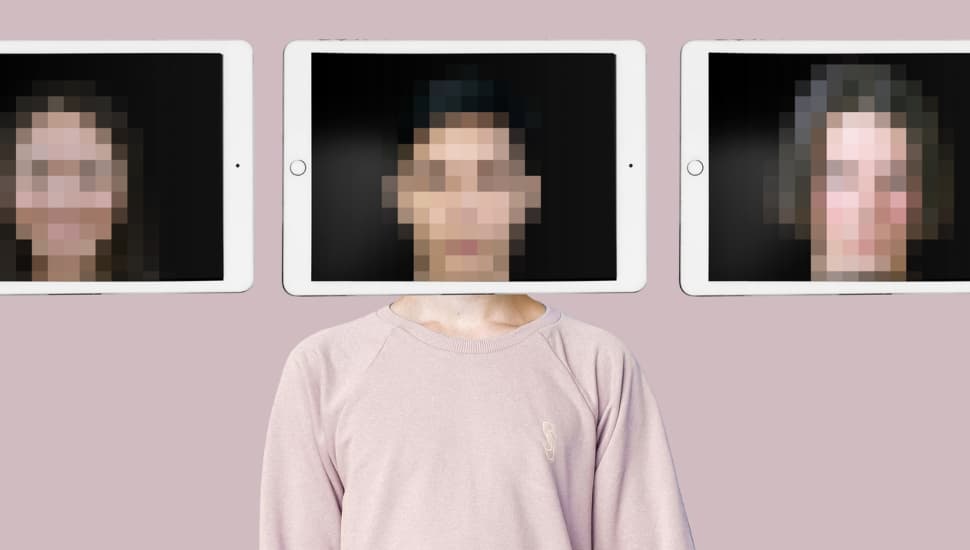 Blurred head images of a person superimposed over a body.