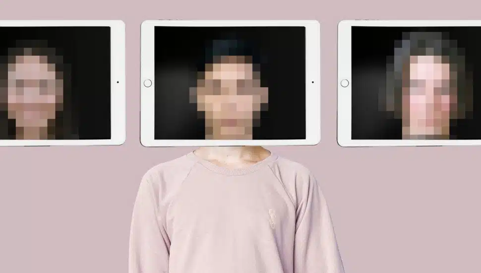 Blurred head images of a person superimposed over a body.