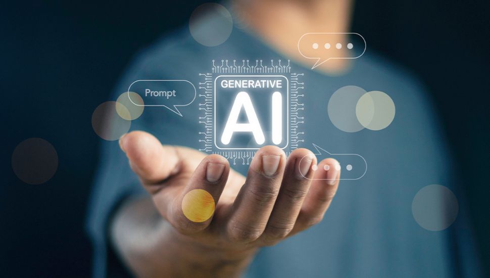 Person holding a glowing generative AI interface icon symbolizing artificial intelligence in the workplace.