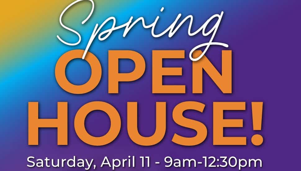 Graphic promoting Harcum College’s Spring Open House with text reading “Spring Open House” and “Saturday, April 11, 9 a.m. to 12:30 p.m.” on a colorful gradient background.