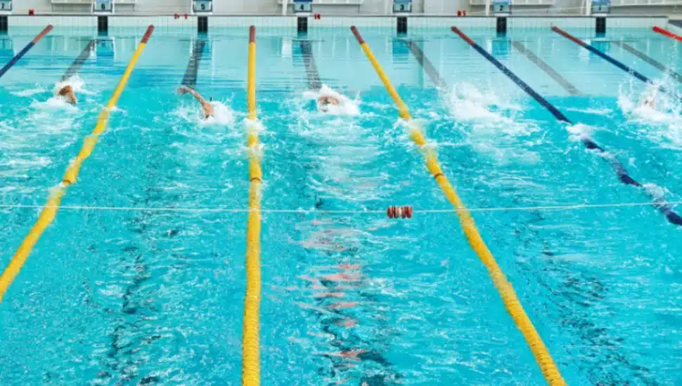 Swimmers compete in an indoor pool.