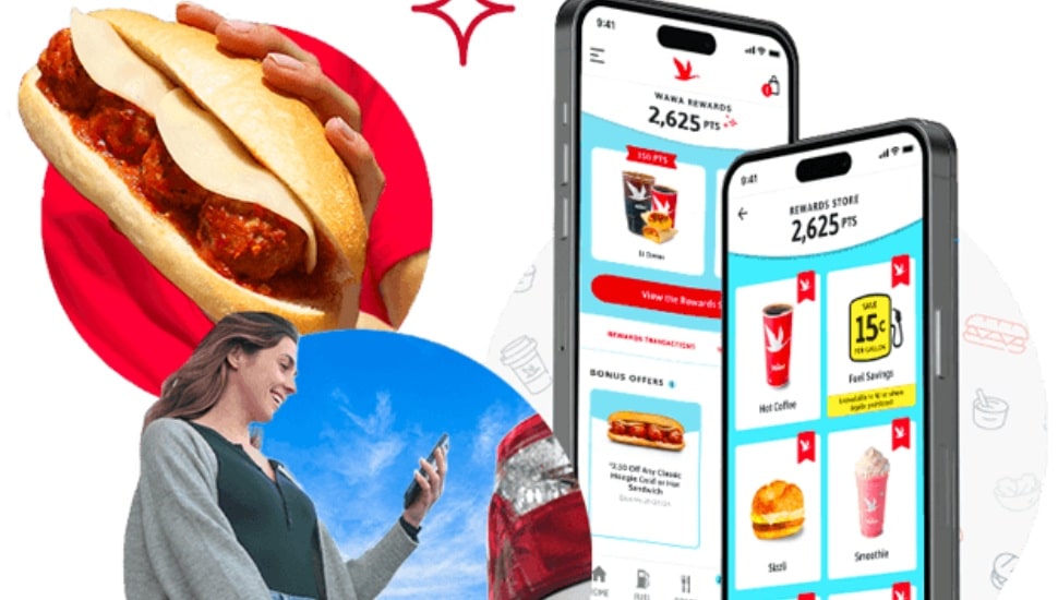 A scene from the Wawa Rewards home page showing a meatball Shorti, a closeup of the phone app and a woman looking at the app next to a gas pump.