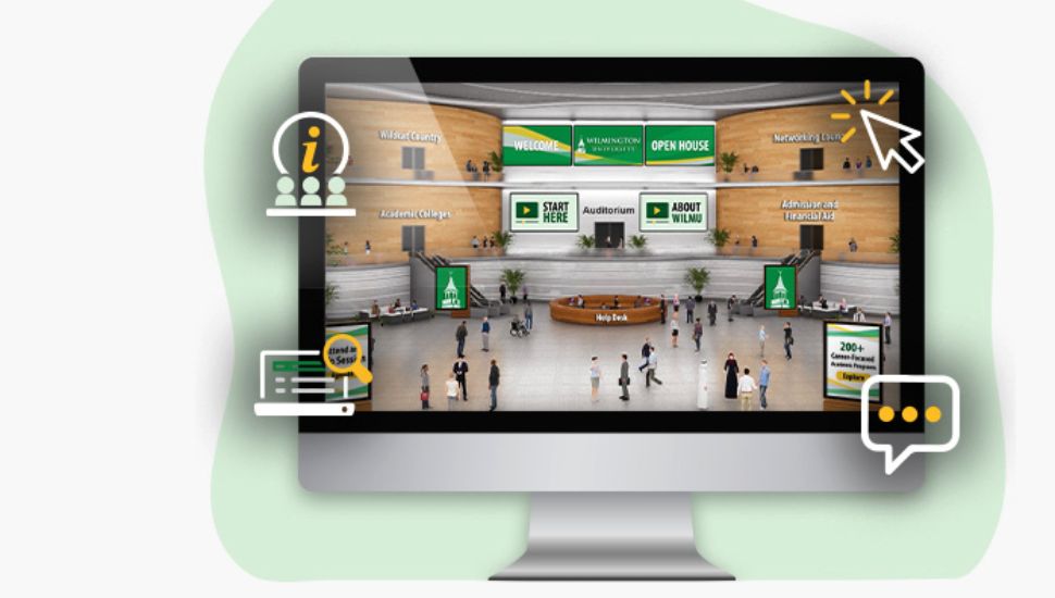 Computer screen displaying Wilmington University’s virtual event platform for Transfer and Degree Completion Day with interactive booths, live chat and academic resource sections.