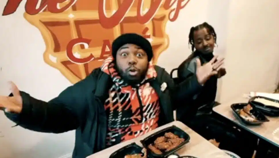 Performers Tizz 215 and Cartier 215 in a promotional rap video for the Wiz, the all-day breakfast spot taking over the Wilson’s Secret Sauce space in Upper Darby. Image via The Wiz.