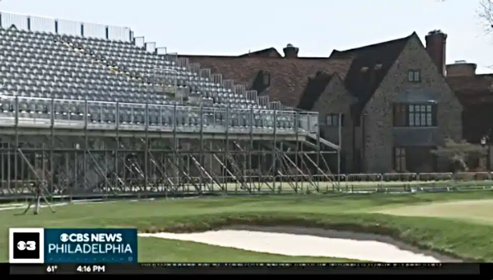 A set of grandstand seating off the course at the Aronimnk Golf Club.