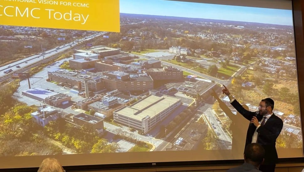 Yoel Polack, CEO of Chariot Allaire, points to the current Crozer-Chester Medical Center campus as he describes what is coming next.