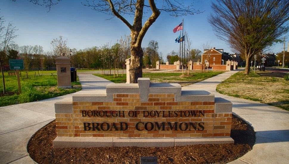 Brick sign at commons area in downtown Doylestown.