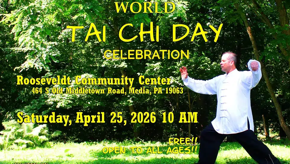 A post showing a man out in the woods performing Tai Chi motions.