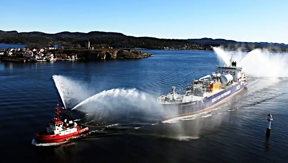 The INEOS Intrepid received a fireboat parade when it arrived with its cargo of Marcus Hook ethane in Norway 10 years go.