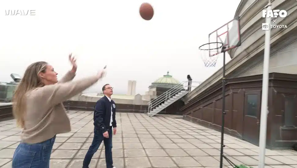 Kylie Kelce and Pa. Gov. Josh Shapiro play some rooftop basketball in Harrisburg.