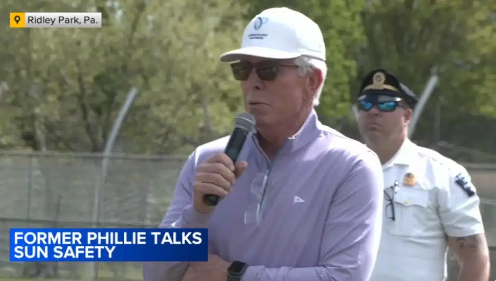 Mike Schmidt talks in Ridley Park about sun safety.