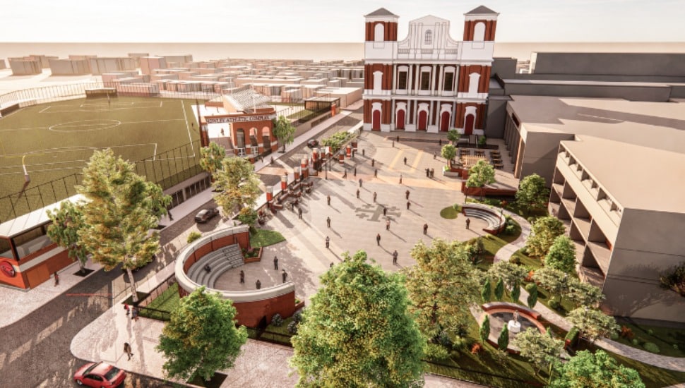 An overhead rendering of the plaza and new athletic complex.
