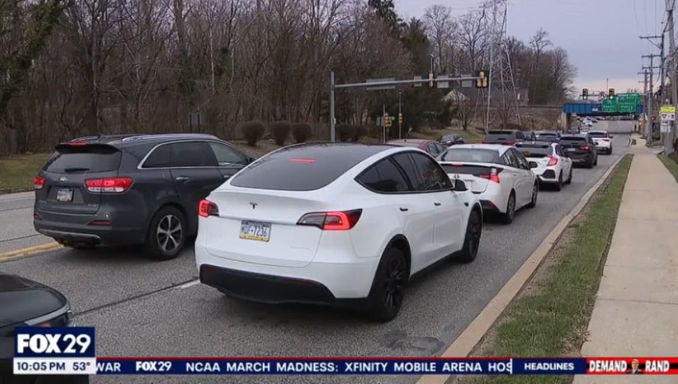 Traffic backs up on Lancaster Avenue in Radnor.