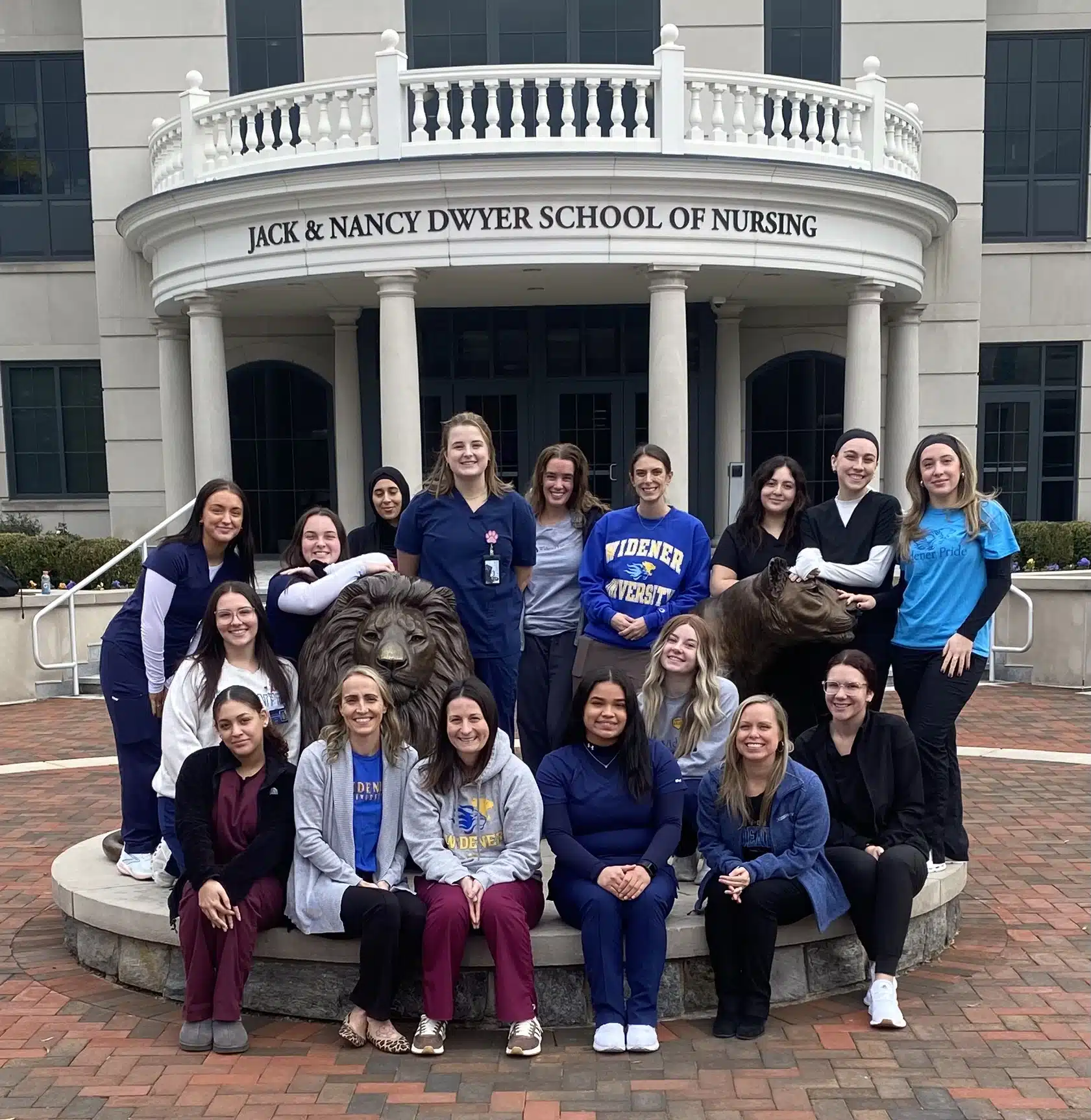 Widener students enrolled in the Diagnostic Medical Sonography program outside the Jack & Nancy Dwyer School of Nursing.