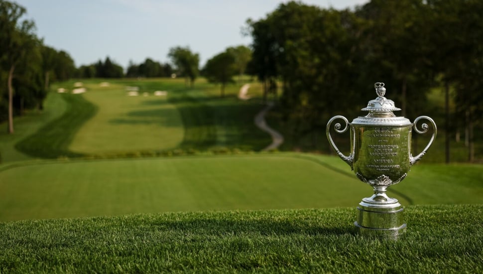 2026 PGA Championship trophy on the green.