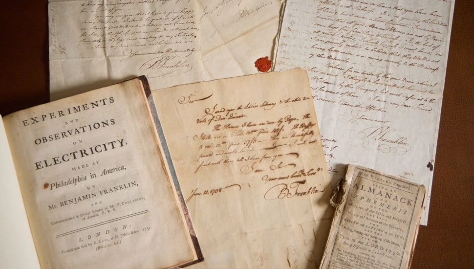 Ben Franklin memorabilia of letters, notes, registers, and more.