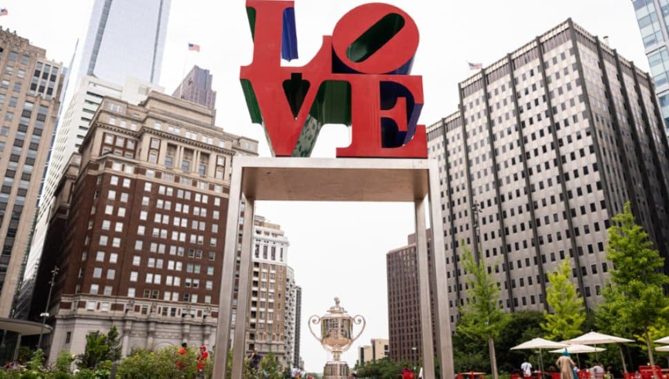 The Wanamaker Trophy displayed at Philadelphia's LOVE Park sculpture ahead of the 2025 PGA Championship.