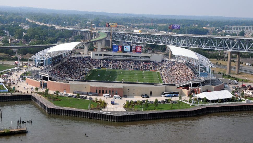 Subaru Park Aerial shot during a soccer game.