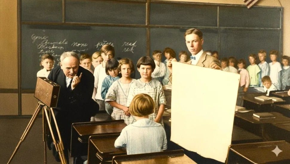 Thomas C. Wilson taking pictures of students with a camera in a classroom in 1926, while McDevitt's uncle, Scott Wilson, holds a reflector.
