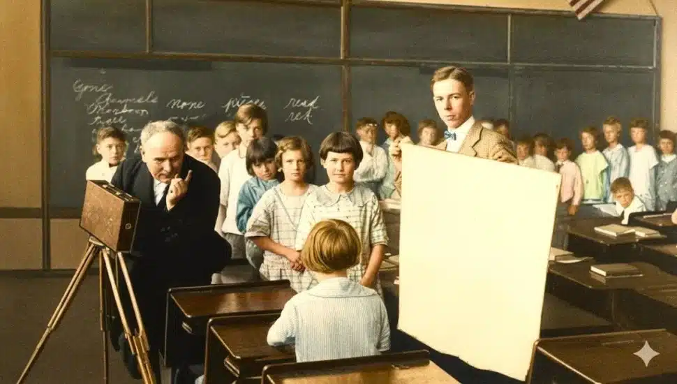 Thomas C. Wilson taking pictures of students with a camera in a classroom in 1926, while McDevitt's uncle, Scott Wilson, holds a reflector.