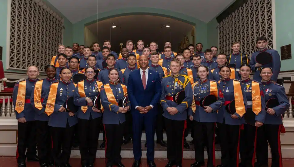 Valley Forge Military Academy 2026 graduates standing with Maryland Governor Wes Moore after ceremony.