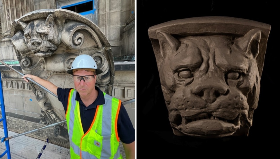 Mason poses for picture with historic stone restoration project.