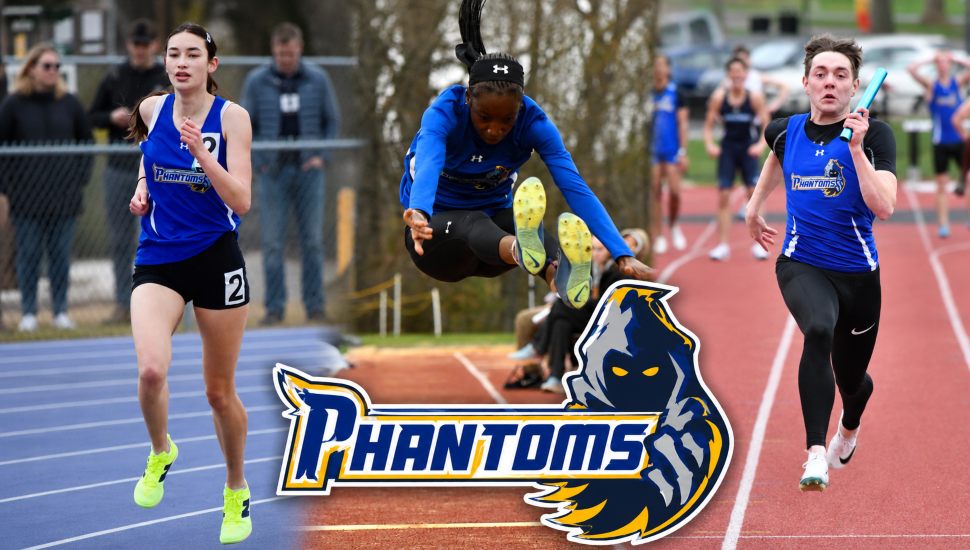 Collage featuring Delaware County Community College track and field athletes Cheyenne McCarthy, Fatumata Kaba, and Jimmy Love competing during races and field events, celebrating their All-American honors and national championship performances.