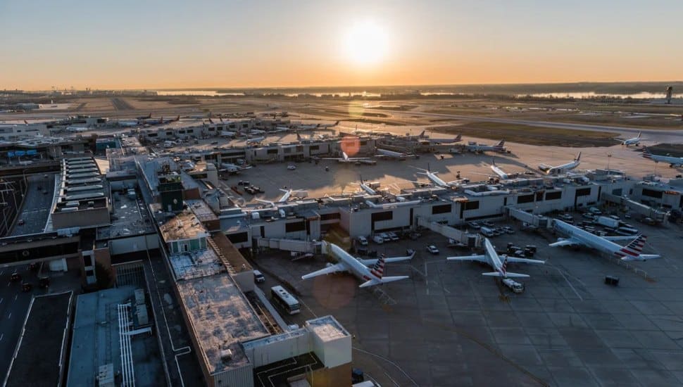 Airplanes on the tarmac at Philadelphia International Airport.