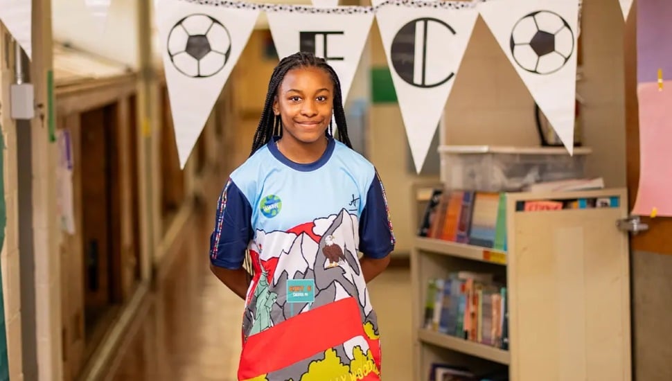 Ava Nichols wearing her soccer jersey.