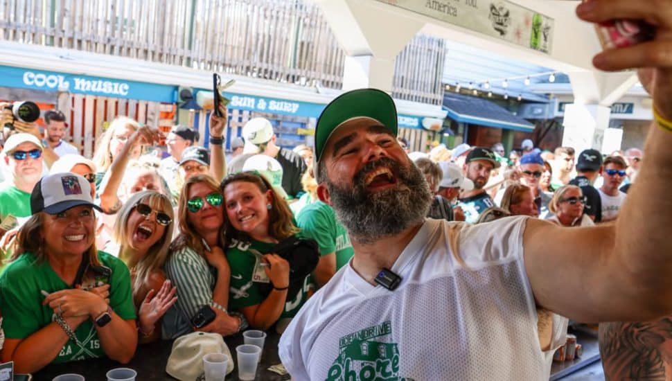 Jason Kelce taking pictures with fans at the Shore Birds event.