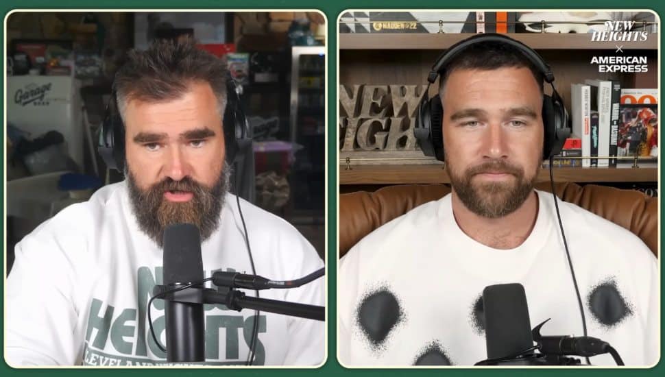 Jason and Travis Kelce discuss A.J. Brown's recent trade on their 'New Heights' podcast.