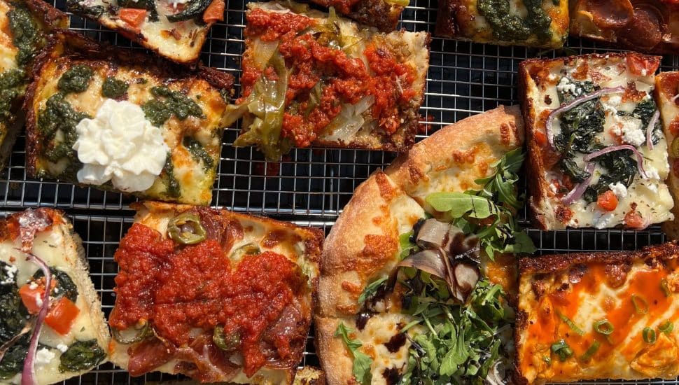 Pizza slices from Crust Pizzeria in havertown.