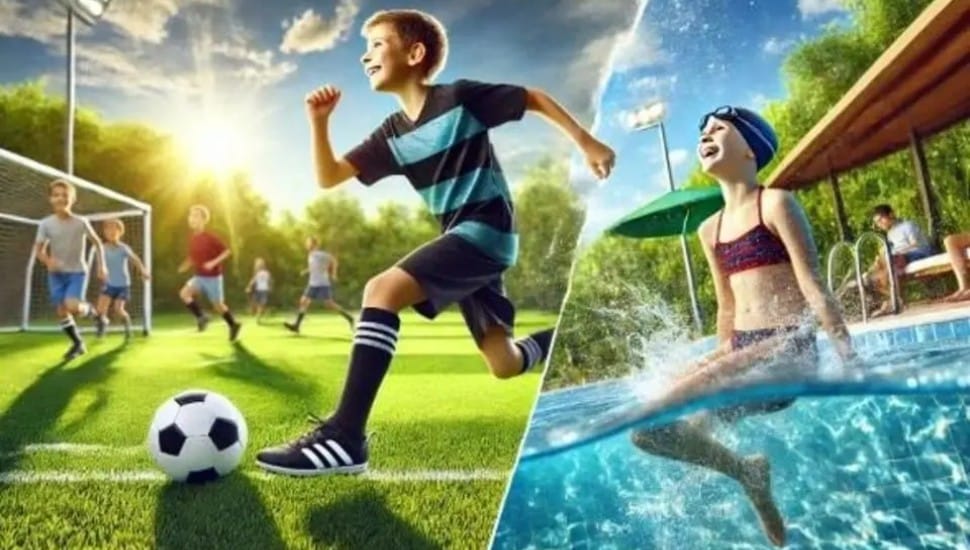 A boy prepares to kick a soccer ball on the field during a soccer game while a girl enjoys some swimming in the pool.